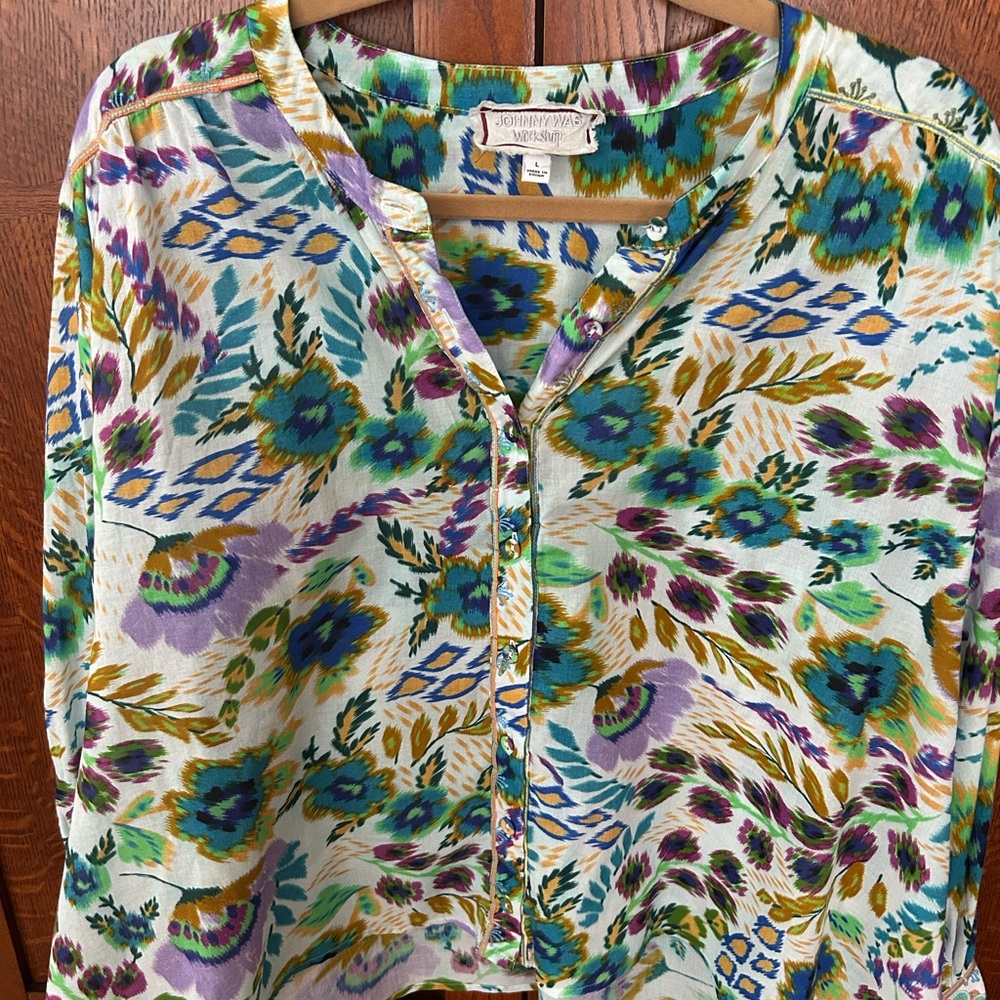 Johnny Was Floral and Geometric Blouse - Blue, Green, Purple
